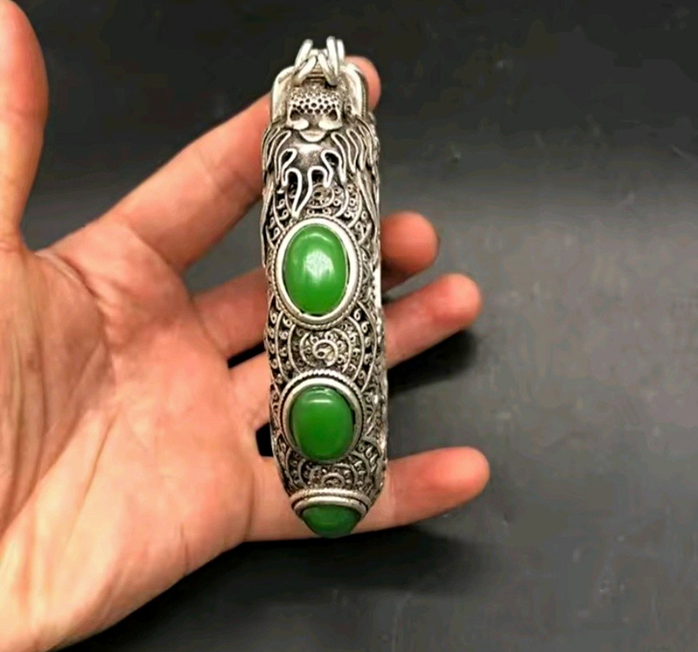 Silver Tone Ethnic Hinged Dragon Motif Cuff Bracelet Green Oval Handmade